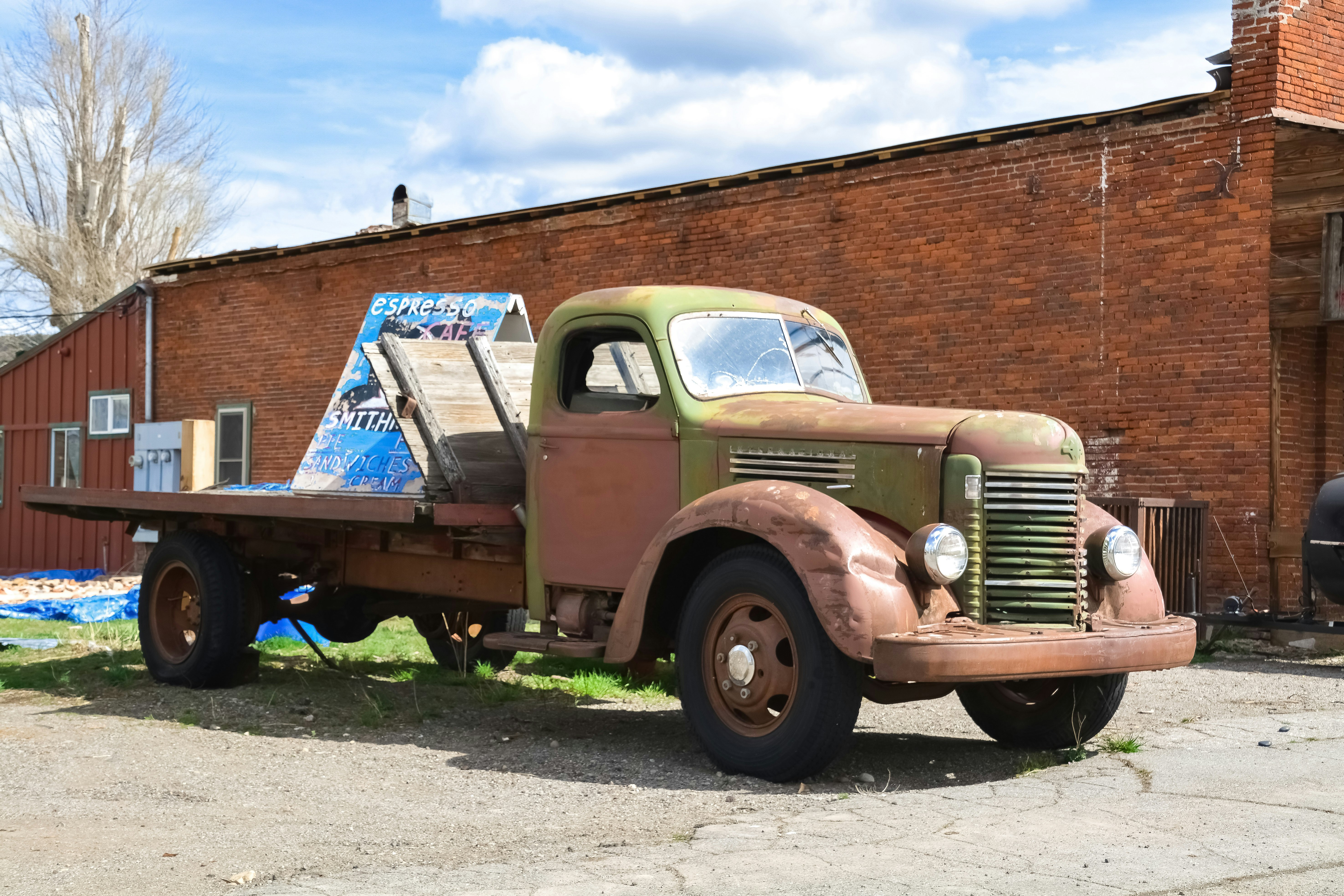 brown and white vintage truck